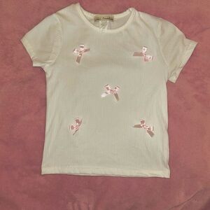 White Ribbed Crop Top with Pink Bow Embellishments